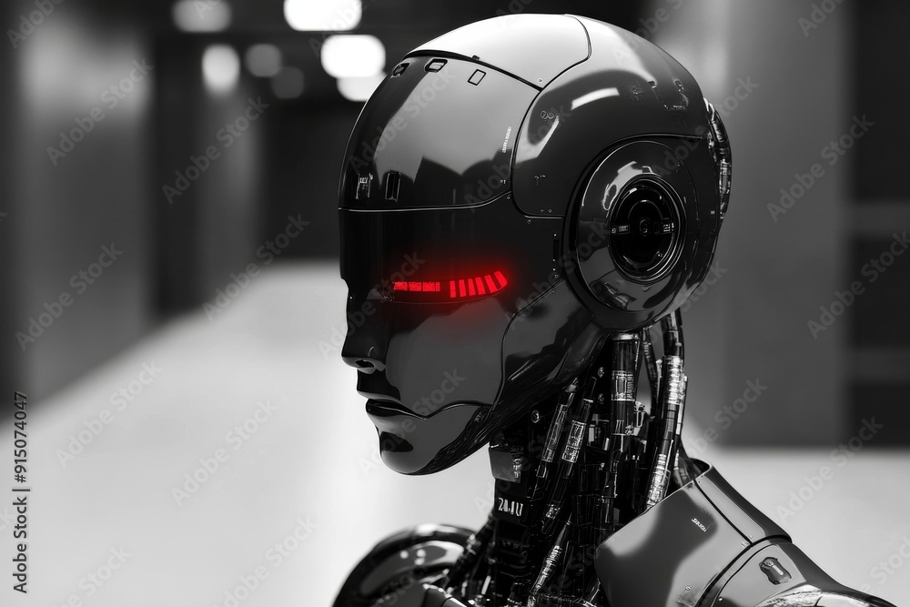 Poster dark robotic head with a glossy finish reflecting a red light emphasizing the aesthetic and function