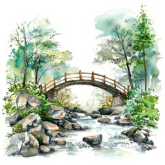 Watercolor painting of a bridge over a rushing stream, on isolated white background