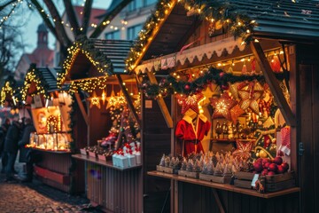 Naklejka premium Cozy Christmas Market Stall with Festive Ornaments and Lights Creating a Magical Holiday Shopping Experience in a Winter Wonderland