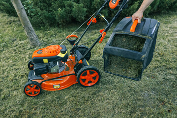 Obraz premium The gardener is tending the garden, the lawn mower is cutting the grass