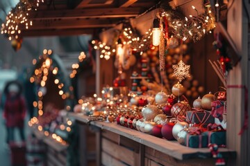 Cozy Christmas Market Stall with Festive Ornaments and Lights Creating a Magical Holiday Shopping Experience in a Winter Wonderland







