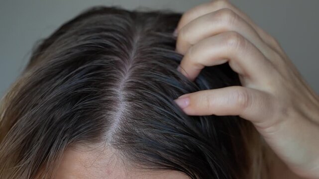 Young woman with dirty greasy hair on a grey background. The problem of oily scalp. A girl itching the skin from long non-washes of the head. Close up. Girl applying essential cosmetic oil rubbing it