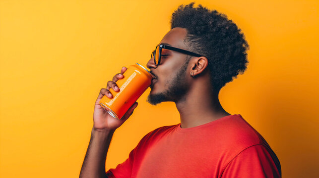 Side profile of African American man drinking fresh, cold drink, tasty beverage, soda carbonated liquid from blank metal or tin can with mockup isolated on background with empty copy space refreshment