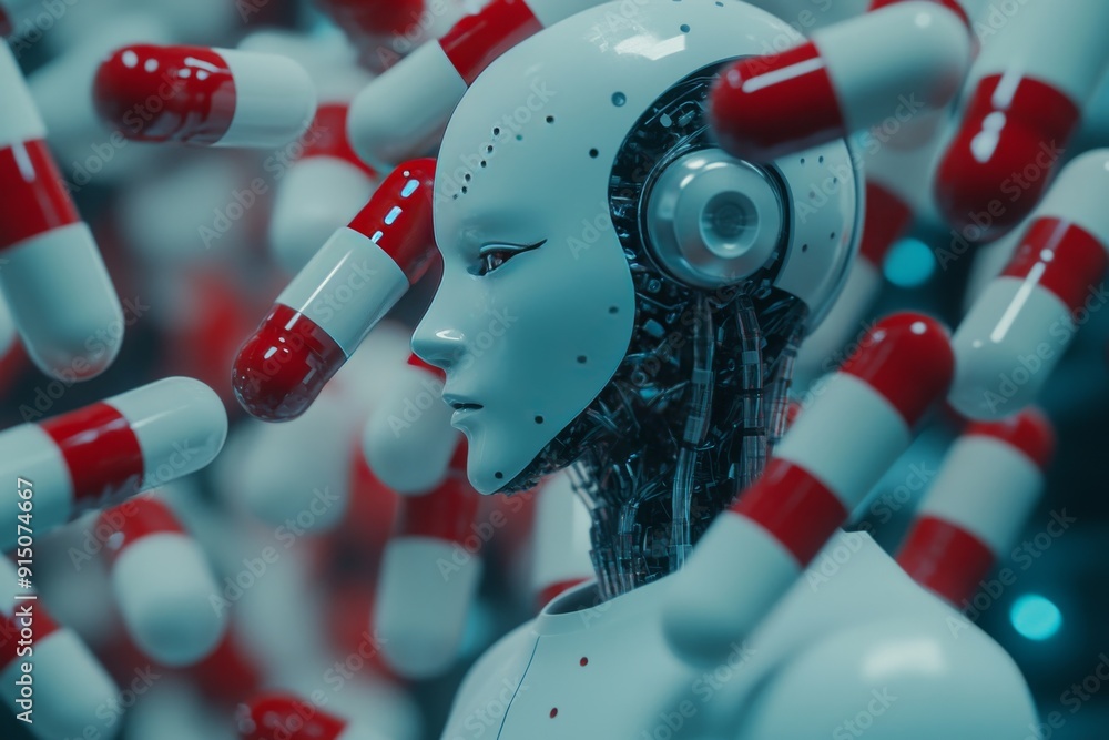 Poster robot engaging with a computerized system demonstrating the symbiosis between cybernetic beings and 