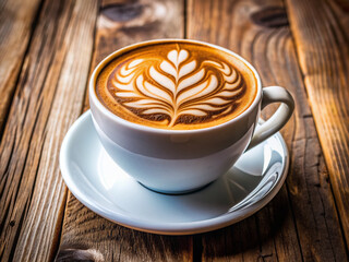 Steaming hot cappuccino coffee is carefully crafted with intricate latte art designs in a clean white mug, on a rustic wooden background.