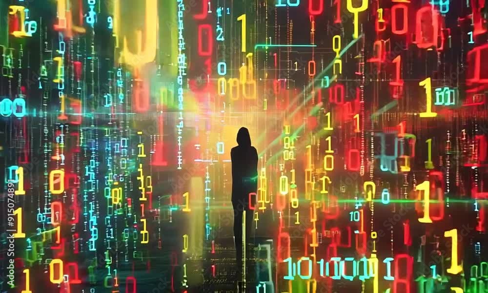 Poster woman walk in digital world on binary code background