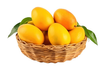 Bright Yellow Mangoes Nestled in a Handwoven Basket Surrounded by Fresh Green Leaves on Transparent PNG Background..