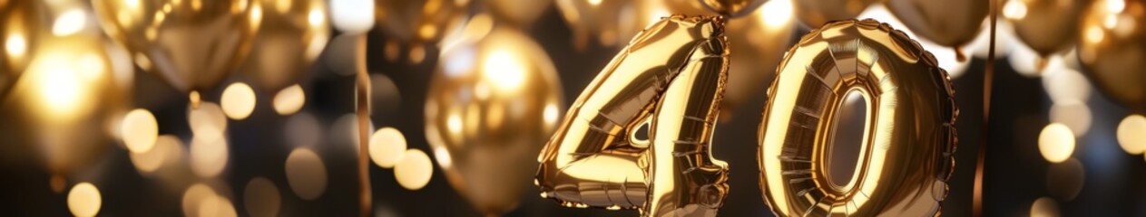 Festive Celebration Highlighted by Gold Foil Balloons Forming the Number 40, Set Against a Blurred Holiday Background