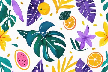 Tropical Watercolor Illustration with Orange Slices and Leaves