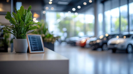 Focused Plant on Reception Desk, Blurred Cars Highlight Modern Dealership Setting
