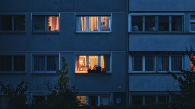 A night-time view of an apartment building with some windows illuminated, showcasing the contrast between light and darkness, and hinting at life inside homes.