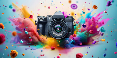 Creative poster of a camera surrounded by colorful elements for World Photography Day celebration , World Photography Day