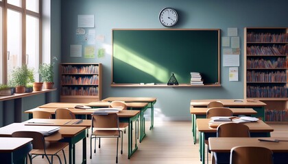 Empty school classroom without children, with desks and blackboard