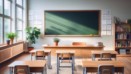 Empty school classroom without children, with desks and blackboard