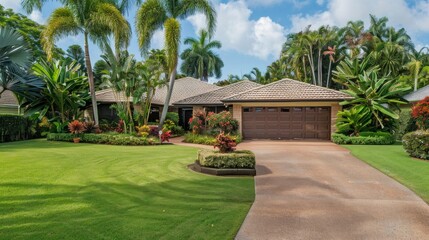 Obraz premium Charming house nestled amidst lush tropical landscaping with a well-manicured lawn, vibrant plants, palm trees, and a spacious driveway leading to the garage.