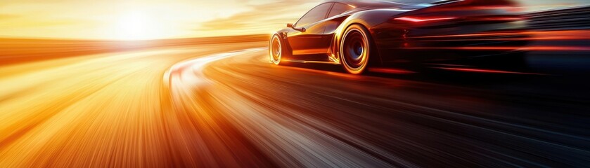 Fast sports car driving on a road at sunset with motion blur.