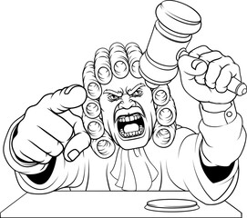 An angry judge cartoon character holding a wooden hammer gavel