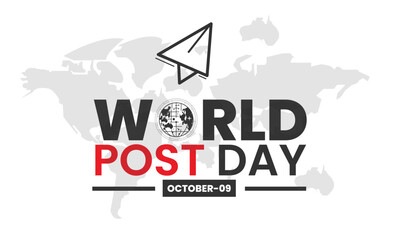 World post day background with paper plane postcard and world map. International post day backdrop with post box mail box design
 October 9 Template for background, banner, card, poster. vector i