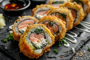 Tempura Maki Set, Deep Fried Sushi Rolls with Salmon and Philadelphia Cheese, Tuna Fish