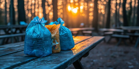 Outdoor waste management: colorful garbage bags on wooden picnic table, environmental responsibility and cleanliness in recreational areas