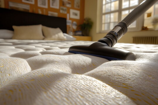 Thorough bedroom hygiene: close-up of vacuum cleaner on textured mattress, deep cleaning techniques for allergen reduction and dust mite control