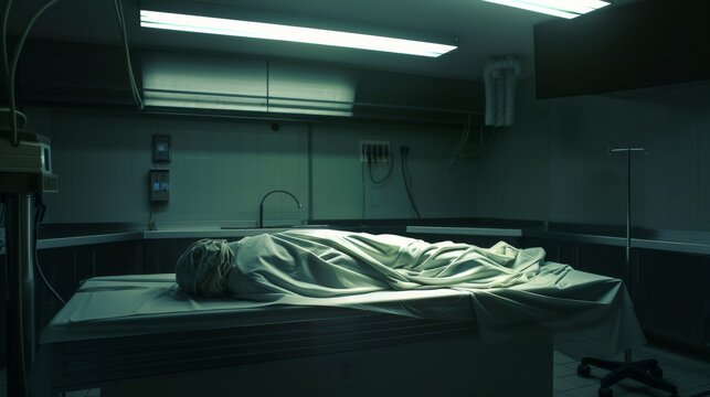 A stark, dimly lit morgue with a shrouded figure on the examination table, creating an eerie and somber atmosphere, highlighting themes of life and death.