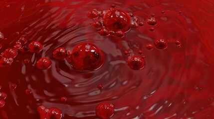Glossy Red Liquid with Bubbles and Ripples.