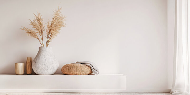 Japandi interiors design composition with neutral tones, natural lighting and minimal furniture. Oriental inspired Real Estate interiors with copyspace.