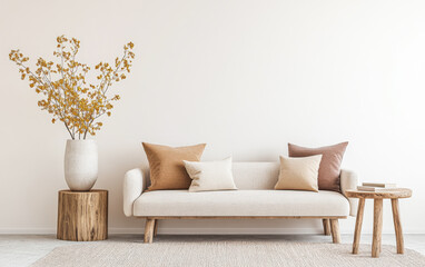 Japandi interiors design composition with neutral tones, natural lighting and minimal furniture. Oriental inspired Real Estate interiors with copyspace.