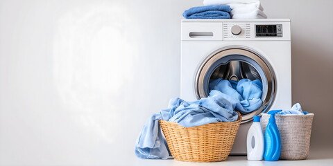 Modern laundry room setup with washing machine, detergents and folded towels showcasing efficient home cleaning and organization solutions. Banner with copy space