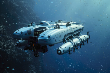 Deep sea exploration and mining in abyssal plains performed by AUV and autonomous drones, AI generated