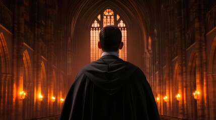 Naklejka premium Professor giving a lecture in a grand, gothic-style university hall, Gothic, Dark and moody, Illustration, Intricate architecture and candlelit ambiance