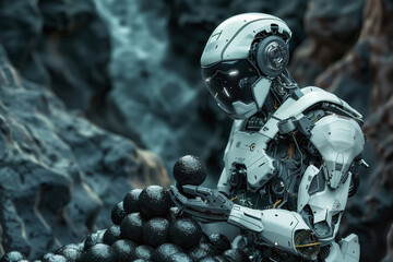 Robot collecting samples of dark balls in deep sea abyssal plains, AI generated