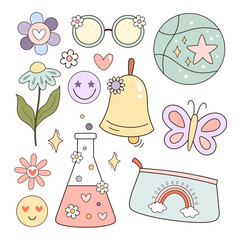 Back to school clipart. Retro school clipart. Groovy school planner stickers. School supplies clip art. Education clipart. Hand drawn vector illustration.