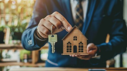 A professional real estate agent is holding a wooden house model in one hand and keys in the other, symbolizing home ownership and the real estate market. Modern setting.