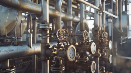Industrial pipes and valves intricately arranged in a factory, showcasing a complex network of metallic machinery and equipment.
