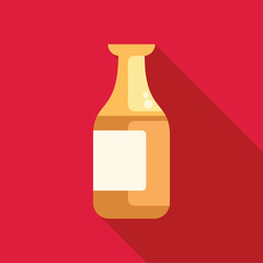 Glass bottle containing sparkling alcoholic drink with a blank label on red background