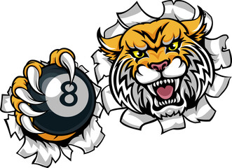 A wildcat bobcat lynx angry mean pool billiards mascot cartoon character holding a black 8 ball.