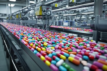 Obraz premium Vibrant Medication Assembly Line in a High Tech Pharmaceutical Plant