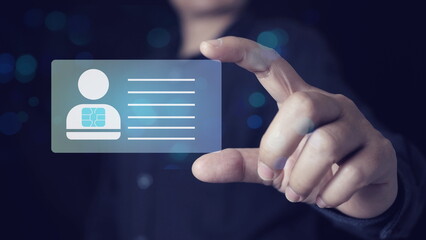 Digital identification or digital ID concept.Businessman show digital identification card on virtual screen.