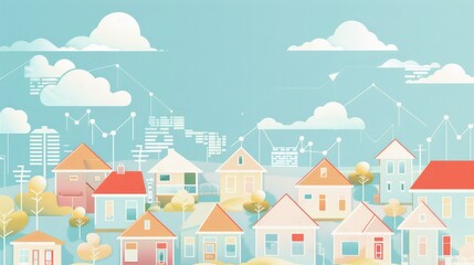 Fototapeta premium A colorful illustration of a residential neighborhood with houses, trees, and an abstract background of financial graphs and data.