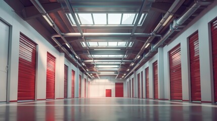 A modern storage facility with bright skylights and a corridor lined with red storage unit doors creates a clean, industrial ambiance.
