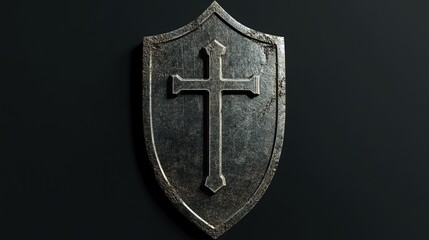 A weathered metal shield with a cross embossed on it, isolated on black.