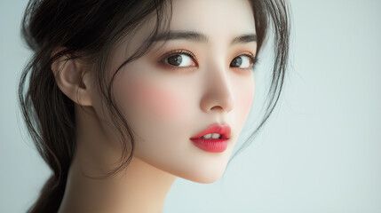 Fototapeta premium Close-up portrait of a korean woman with soft features and natural makeup, captured indoors during daylight