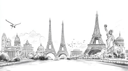 Line drawing of famous world landmarks on a white background, depicted in a hand-drawn sketch style, representing travel concepts 