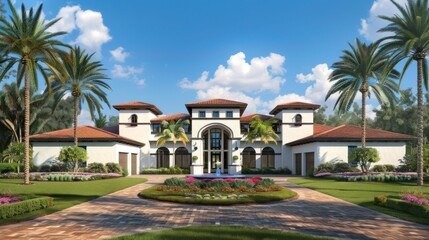 Fototapeta premium This image showcases an extravagant mansion featuring multiple gables, finely manicured gardens, and tall palm trees under a clear blue sky, exuding luxury and elegance.