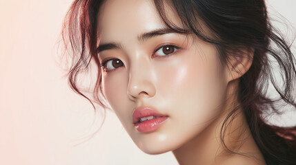 Fototapeta premium Young korean woman with flawless skin poses gracefully against a soft background in natural light