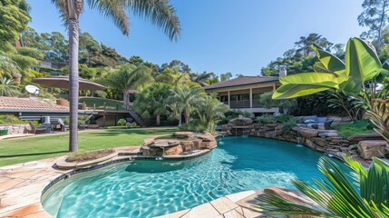 A stunning backyard featuring a luxurious pool surrounded by palm trees, lush greenery, and a spacious patio. Ideal for relaxation and outdoor entertainment.