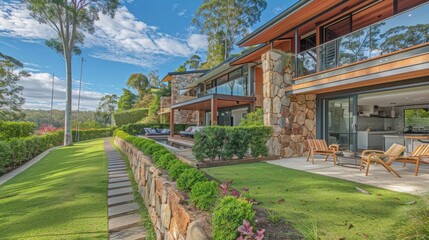 Fototapeta premium This image showcases a contemporary house featuring expansive glass windows, a lush garden with manicured lawns, and a distinctive stone facade, highlighting natural and architectural beauty.