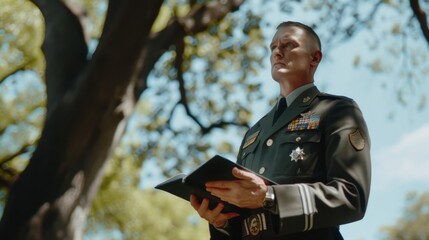 A man in a formal military uniform stands solemnly outdoors, holding a notebook, against the backdrop of lush trees on a sunny day, evoking dedication and duty.